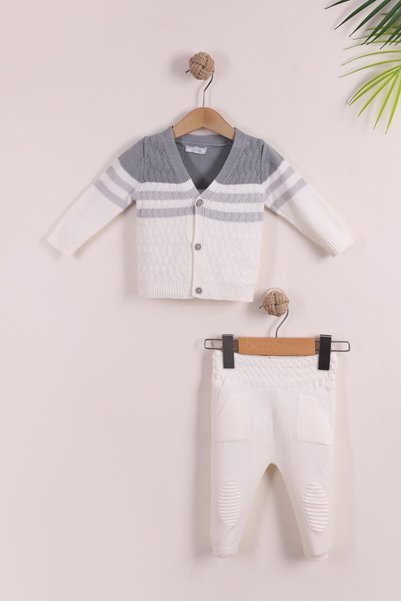 kidello Gray baby boy cotton knit vest set |   Buttoned 2-stripe knit 0-3, 3-...