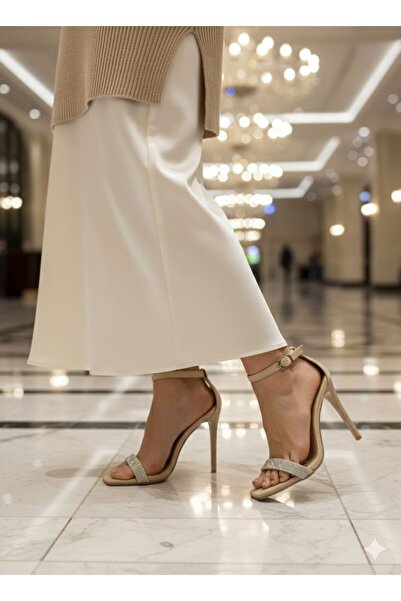 guijarro Women's Beige Stone Single Strap Heeled Shoes - Evening Dress and Ev...