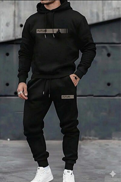 NO 601 Men's Black Future Printed Hooded Black Tracksuit Bottom Set