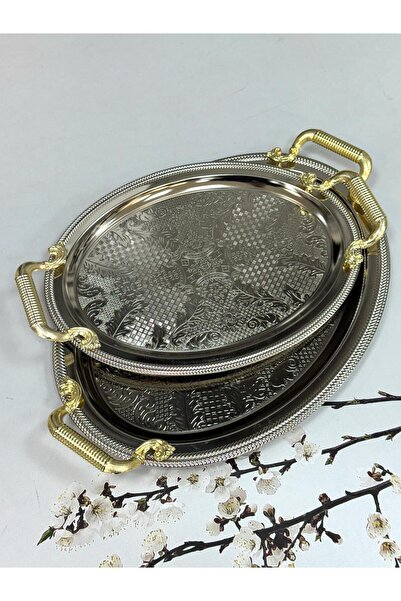 AROW 2 Li Oval Gümüş Tepsi 50/32 cm 41/25 cm TKEBT Gümüş
