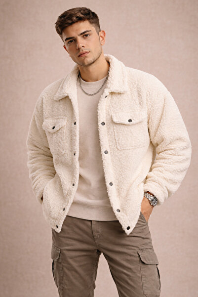 Polo State Men's Oversized Plush Sherpa Jacket with Fleece Inside Ecru