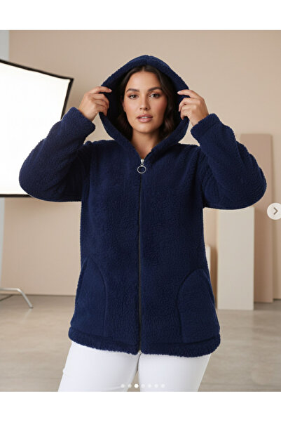 ticimark Unisex Siyah Peluş Yumuşak Önü Fermuarlı Kapüşonlu Peluş Hırka