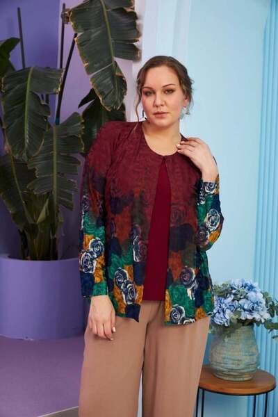 RMG Floral Patterned Plus Size One-Piece Claret Red Blouse