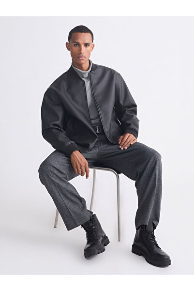 LC Waikiki Black Standard Fit College Collar Men's Leather Look Coat