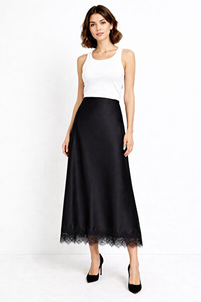 Nuevo Siyah Saten Dantel Detaylı Uzun Etek – Yüksek Bel, İçten Lastikli, A Ke...