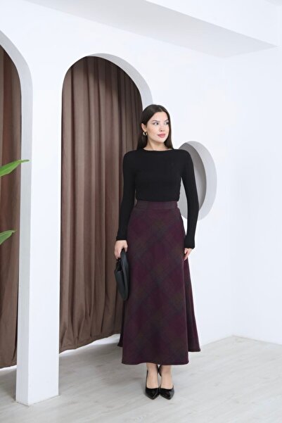 LİBERTODONNA Kadın Ekose Desenli Kışlık Kaşe Etek - Yüksek Bel Kloş Kesim Uzu...