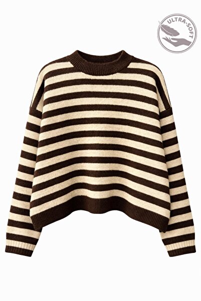 Mixray 7016 Women's Wool Blend Striped Oversized Basic Knitwear Sweater Brown