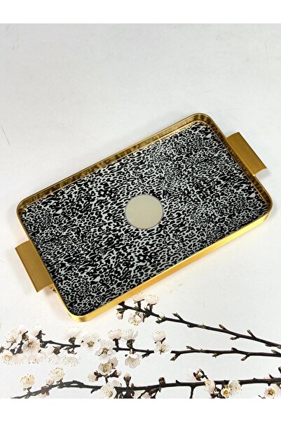 AROW Metal Çerçeveli Cam Tepsi Leopar Desen 24/40 Cm TKEBT leopar