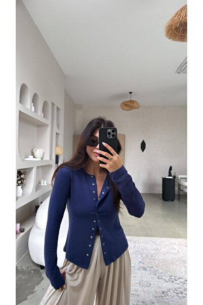 Buket Teke Navy Blue Full Length Snap Modal Blouse