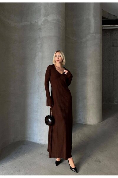 TrendParis V-Neck Long Sleeve Corded Fabric Knitwear Dress