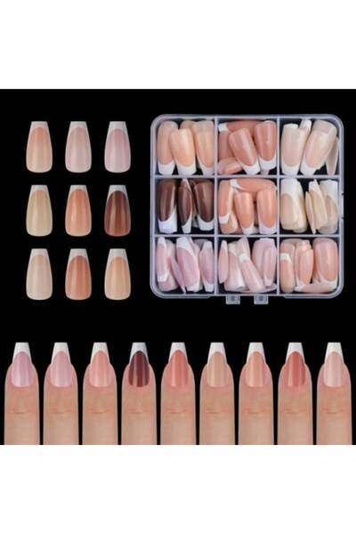 Pink Nails False Nail Tips Set Coffin French
