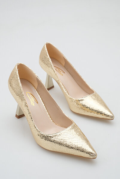 ELAIA SHOES Liora Women's Gold Snake Textured Pointed Toe Thin Heeled Shoes