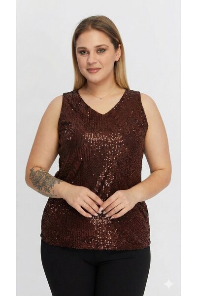 RMG Sequined Plus Size Zero Sleeve Coffee Blouse