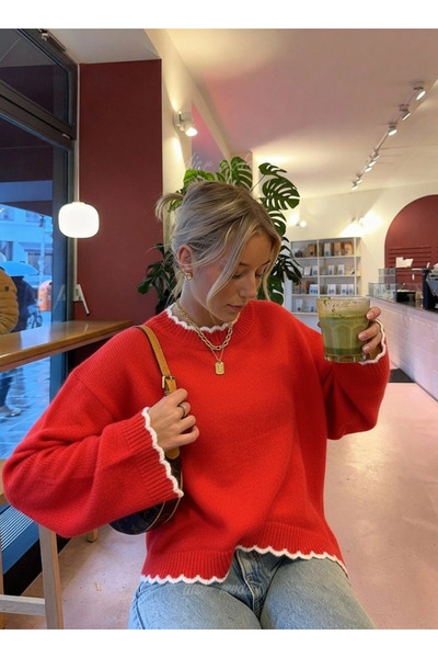 Dier Moda Women's Wavy Edge Detail Casual Crew Neck Sweater - Soft Textured K...