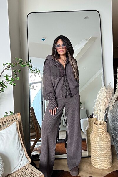 Sohotique By P Parachute Fabric Pocket Detailed Knitwear Set Brown