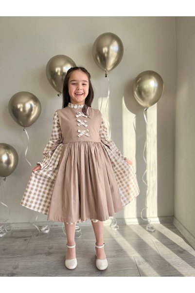 Sare Çocuk Giyim Authentic Checked Brown Double-Sided Girl's Dress + Hair Clip