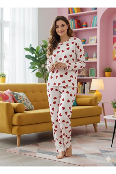 trendmodaal Heart Pattern White Suede Fabric Pajama Set