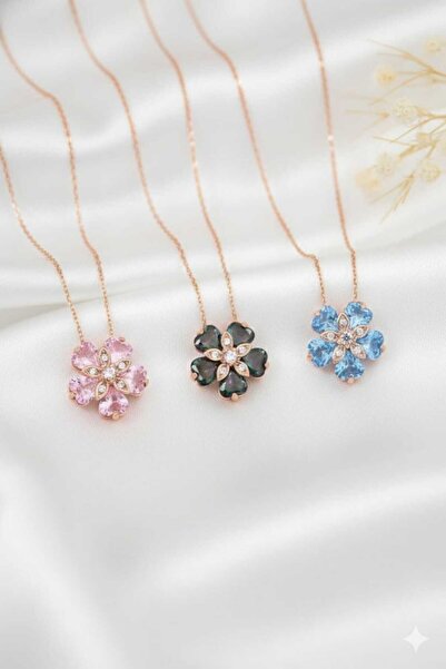 Flamingo 925 Ayar Doğum Taşlı Unutma Beni Çiçeği Kolye.rose.gold.rodaj Unutma