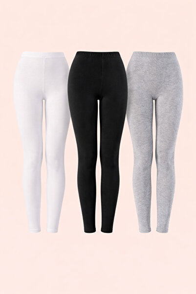 ROZELT Kadın Pamuklu & Esnek Tayt 3'lü Paket Siyah Beyaz Gri Yüksek Bel Günlü...