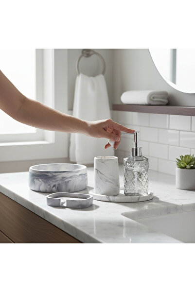 ODİ HOME 5 li Taş & Cam Banyo Seti Sıvı Sabunluk Diş Fırçalık Kase Tepsi Set ...