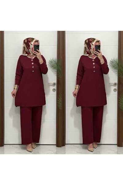 modasura 7044 K 90 bordo DÜĞMELİ fitilli burgu kumaş tunik pantolon takım buy...
