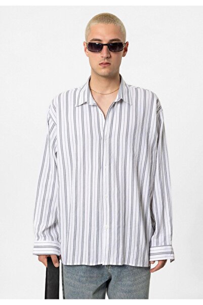 VAMOSCLO Striped Long Sleeve Oversized Linen Shirt Gray