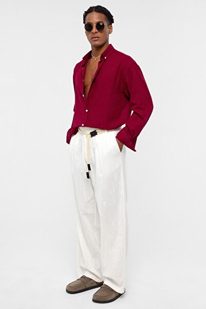 VAMOSCLO Basic Oversized Long Sleeve Linen Shirt Claret Red