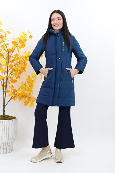 Doque Cep Detaylı Midi Boy Kaban - Petrol