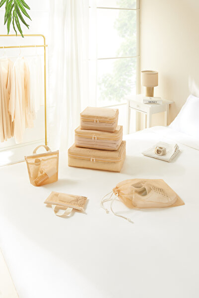 Ocean Home Textile 6-Piece Beige Mesh Luggage Organizer Set, Travel Bag