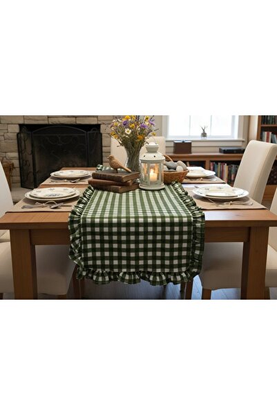 vintagetasarım runner kareli yeşil fırfırlı vintage duck keten 40x130cm