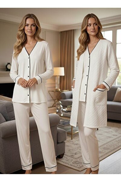 Lohusa Homewear Women's Ecru Stylish Quilted Long Sleeve Buttoned Pocket Deta...