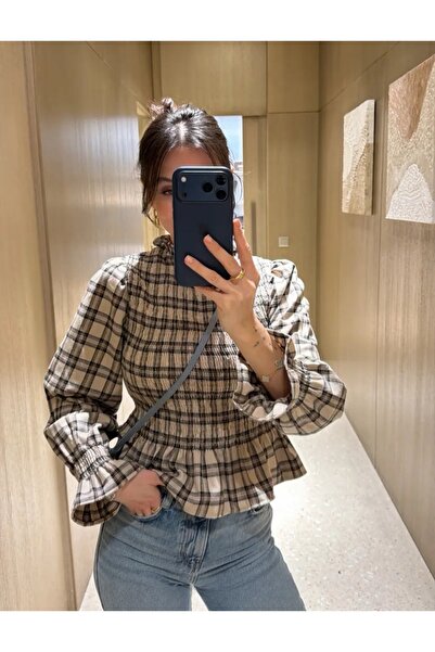 FEMMESTUDIO Women's Beige Plaid Pattern Balloon Sleeve Blouse