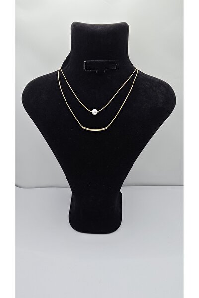 ahsenaksesuar2025 Stainless Steel Gold Color 2-Piece Thin Chain Pearl Detaile...