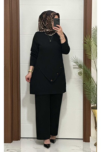 modasura 3370 K 90 siyah düğme detay fitilli burgu kumaş tunik pantolon takım...