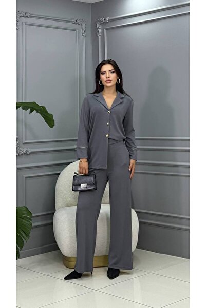Cannes Nina Gold Button Detailed Gray Double Suit