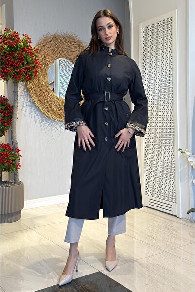 Doque İçi Kürklü ve Kol Leopar Detaylı Kemerli Trençkot - Lacivert