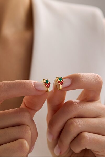 Nereze 925 Ayar Gümüş Gold Kaplama Minik Çilek Model Çocuk Küpe