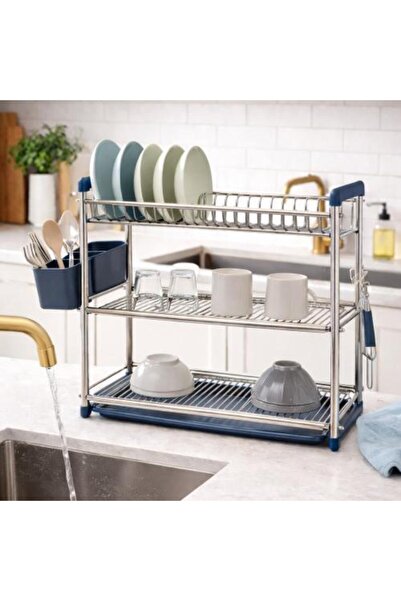 Generic Three-Layer Steel Dish Organizer with Utensil Holder