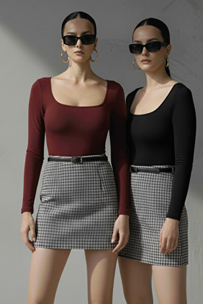 BEQA Women's Long Sleeve Square Neck Stretch Fabric Basic 2-Piece Bodysuit