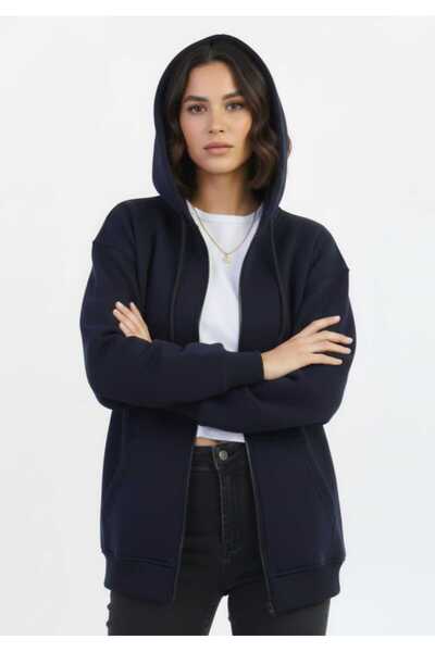 QAST GİYİM SANATI سويت شيرت بغطاء رأس بسحاب باللون الأزرق الداكن سميك بخيطين