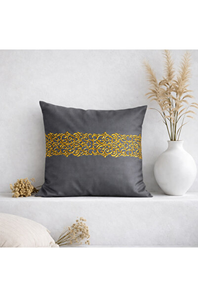 Ases Design Desen Şeritli Dekoratif Kırlent Kılıfı – Antrasit & Altın