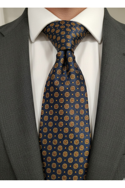 Gutiero Navy Blue Patterned Classic Tie with Handkerchief