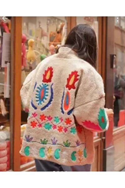 Handmade Geaca Teddy brodata sherpa jacheta cu flori