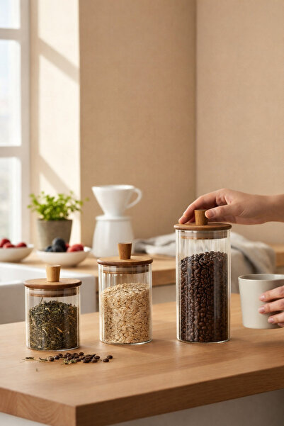 Paşabahçe Valore Akasya Kapaklı 3'lü Cam Kavanoz Seti Naturel