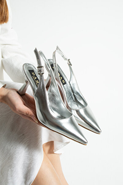 dabab shoes AMILE Дамски сребърни обувки с 7 см ток, каишка на глезена, отвор...