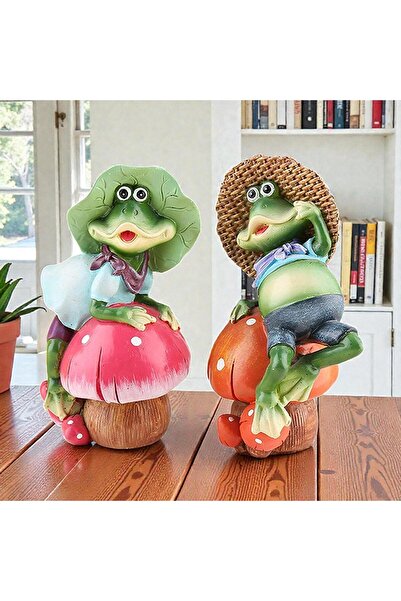 ELSELİFE Sevimli Mutlu Kurbağa Çift Figür Dekoratif Biblo | Bahçe Saksı Masaü...