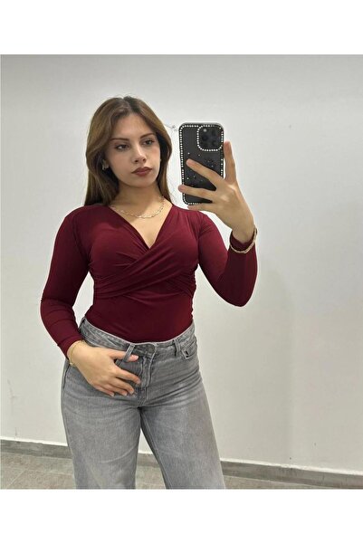 peri tower New Product Women's Front Cross Detail V-Neck Sandy Fabric Long Sl...