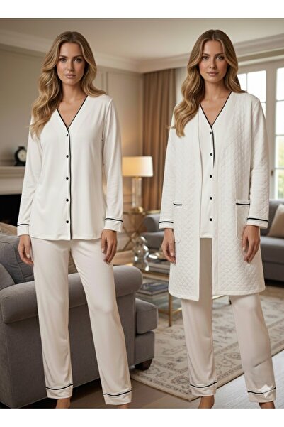 Lohussa Ecru Quilted Long Sleeve Buttoned Custom Design Dressing Gown Pajama Set