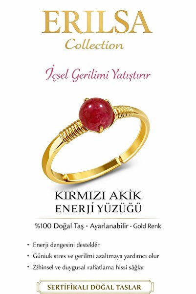 Erilsa Certified Energy Balancing Frequency Ring - Red Agate Stone Tuned Gold...