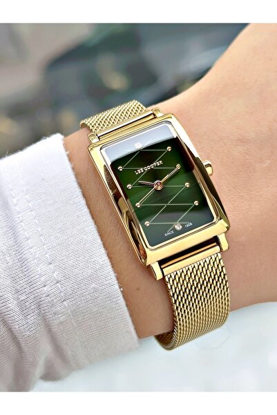 Lee Cooper Square Dial Steel Mesh Band Gold-Green Color Women Wristwatch Lc08...
